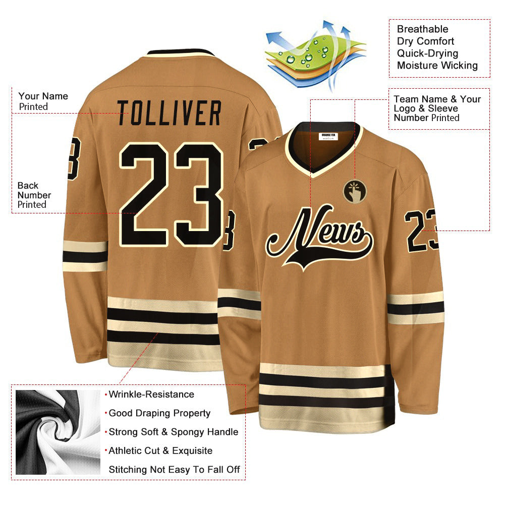 Custom Old Gold Black-Cream V Neck Hockey Jersey For Men & Women