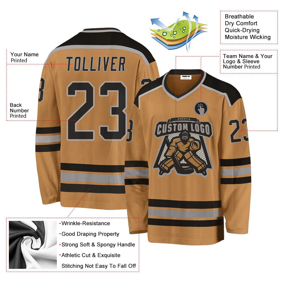 Custom Old Gold Black-Grey V Neck Hockey Jersey For Men & Women