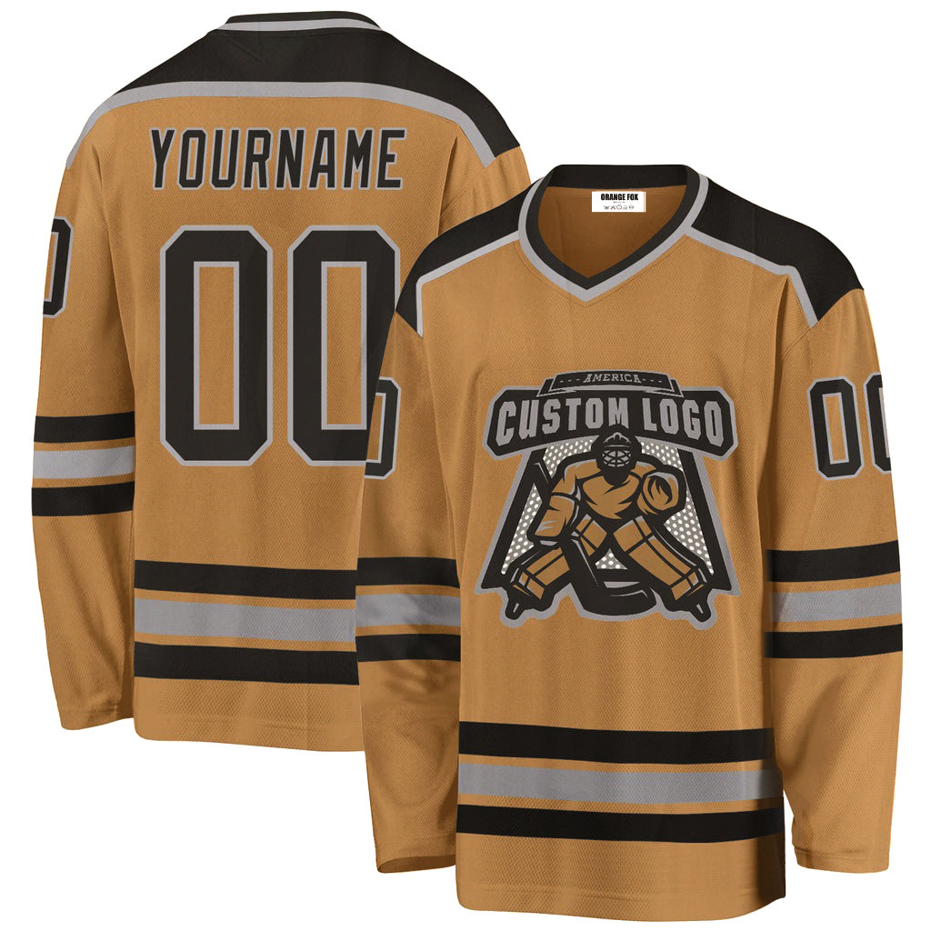 Custom Old Gold Black-Grey V Neck Hockey Jersey For Men & Women ...