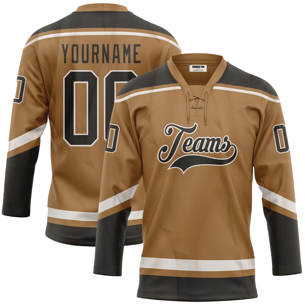 Custom Old Gold Black-White Neck Hockey Jersey For Men & Women