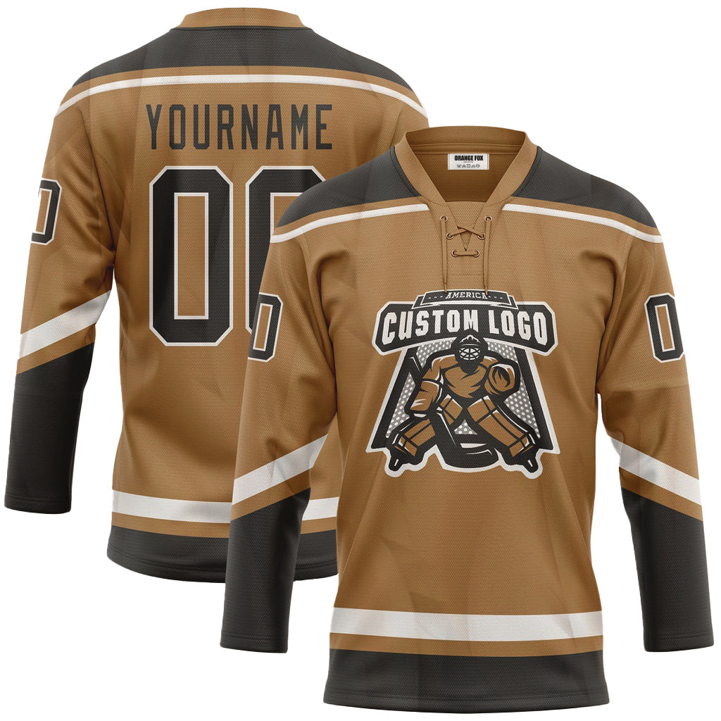 Custom Old Gold Black-White Neck Hockey Jersey For Men & Women