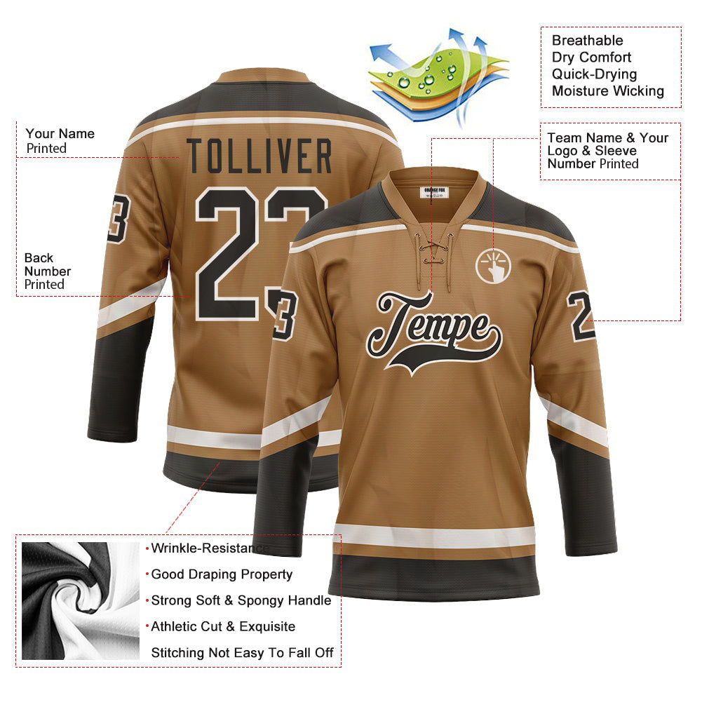 Custom Old Gold Black-White Neck Hockey Jersey For Men & Women