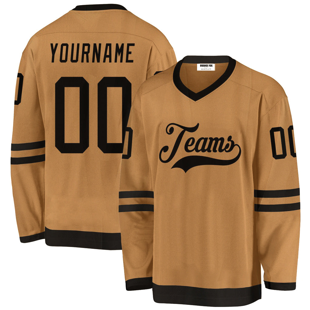 Custom Old Gold Black V Neck Hockey Jersey For Men & Women