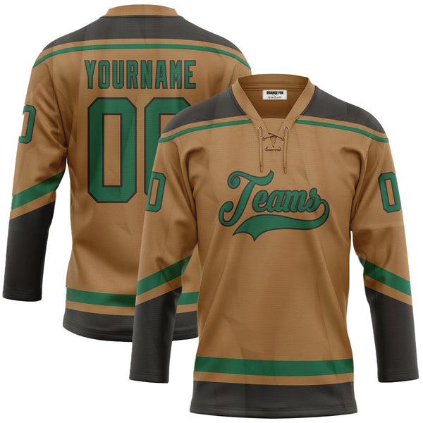 Custom Old Gold Kelly Green-Black Neck Hockey Jersey For Men & Women