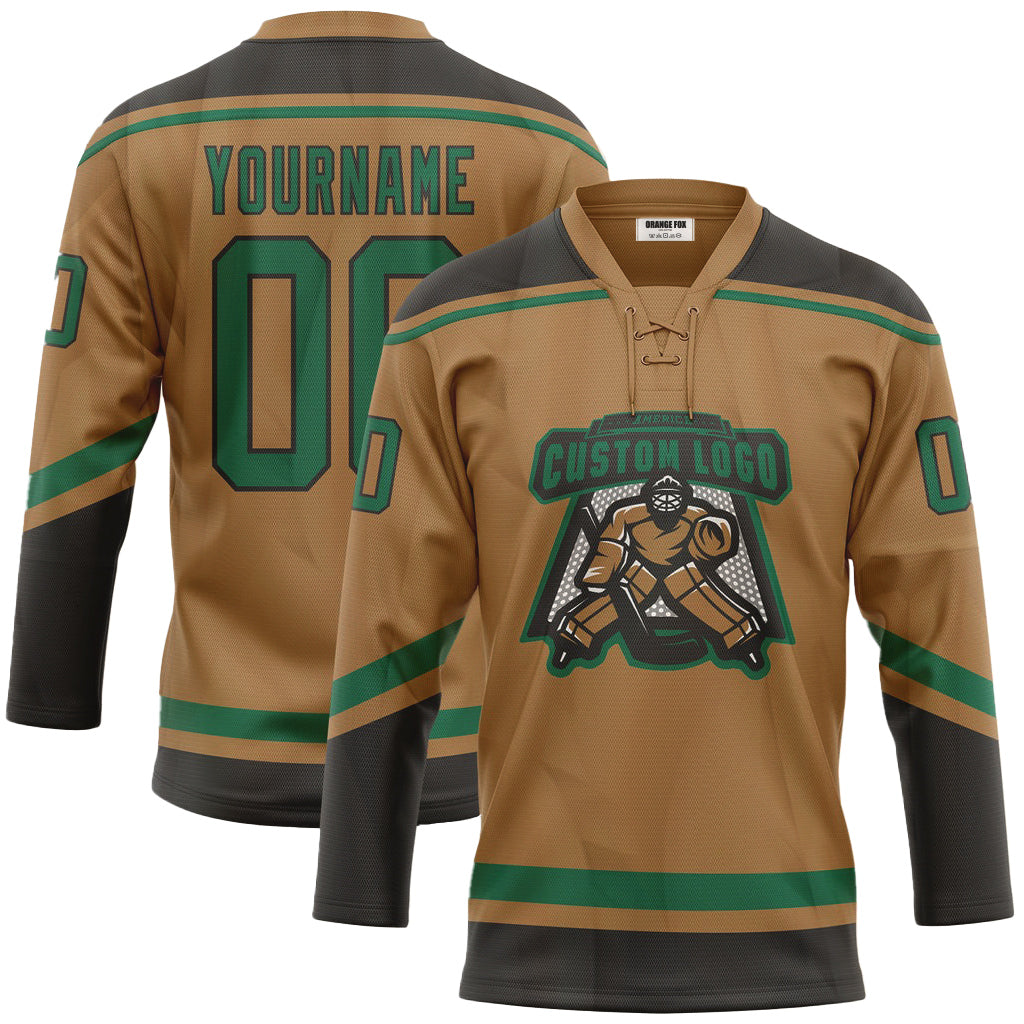 Custom Old Gold Kelly Green-Black Neck Hockey Jersey For Men & Women