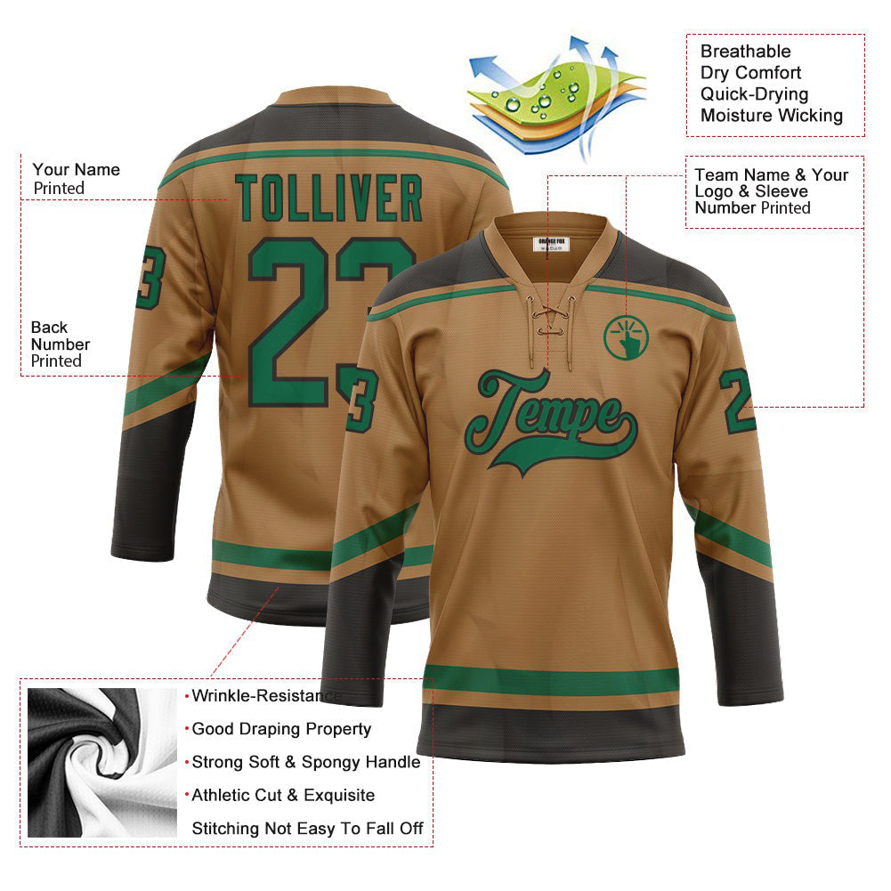 Custom Old Gold Kelly Green-Black Neck Hockey Jersey For Men & Women