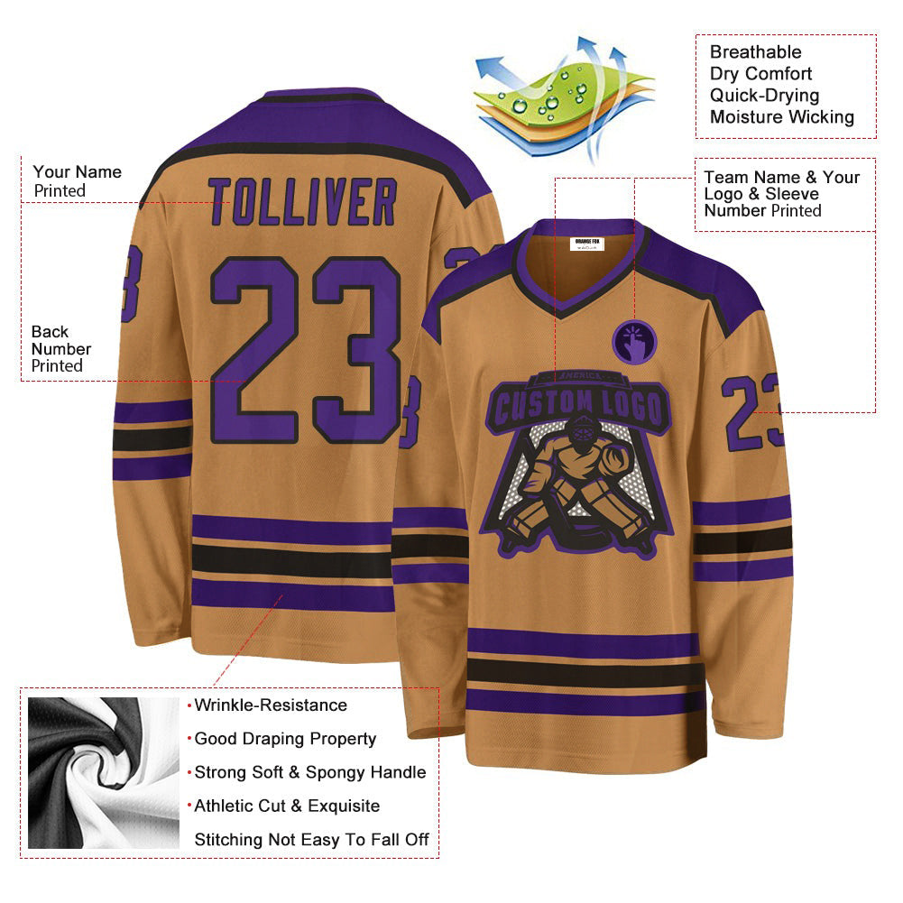 Custom Old Gold Purple-Black V Neck Hockey Jersey For Men & Women