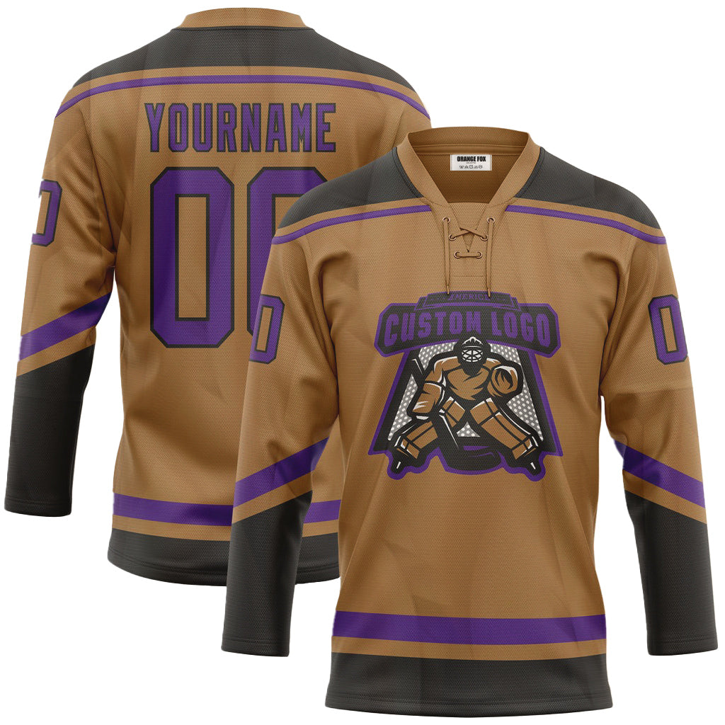 Custom Old Gold Purple-Black Neck Hockey Jersey For Men & Women