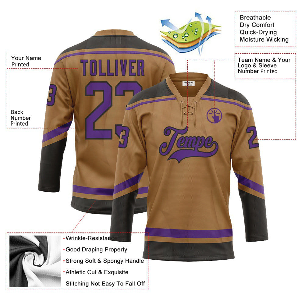 Custom Old Gold Purple-Black Neck Hockey Jersey For Men & Women