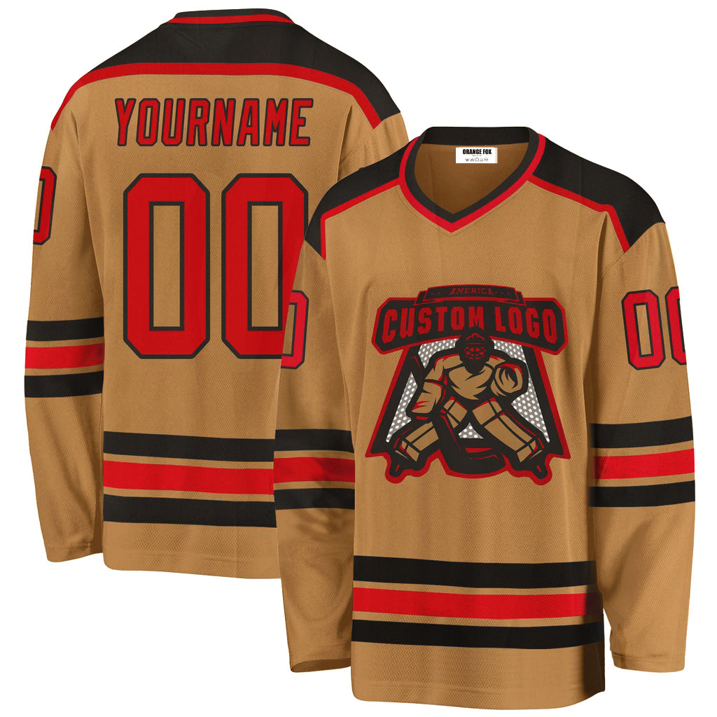 Custom Old Gold Red-Black V Neck Hockey Jersey For Men & Women