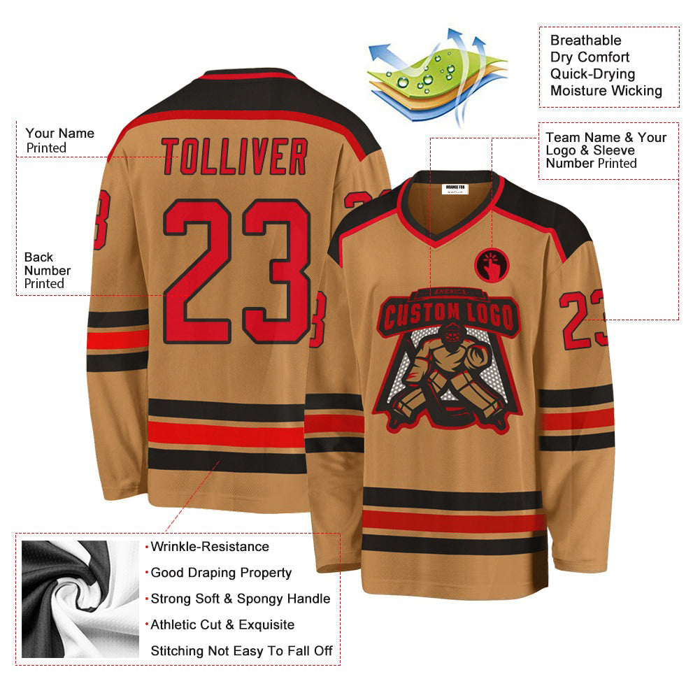 Custom Old Gold Red-Black V Neck Hockey Jersey For Men & Women