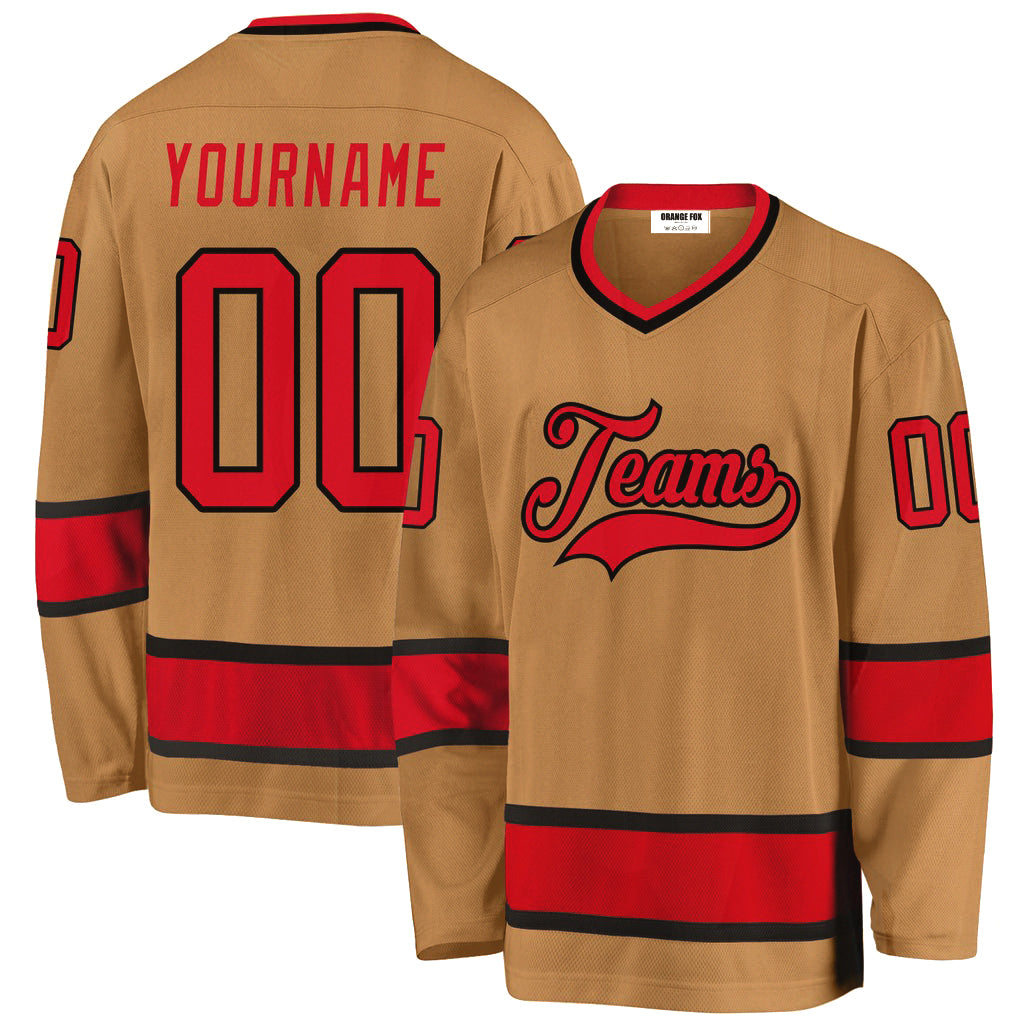 Custom Old Gold Red-Black V Neck Hockey Jersey For Men & Women