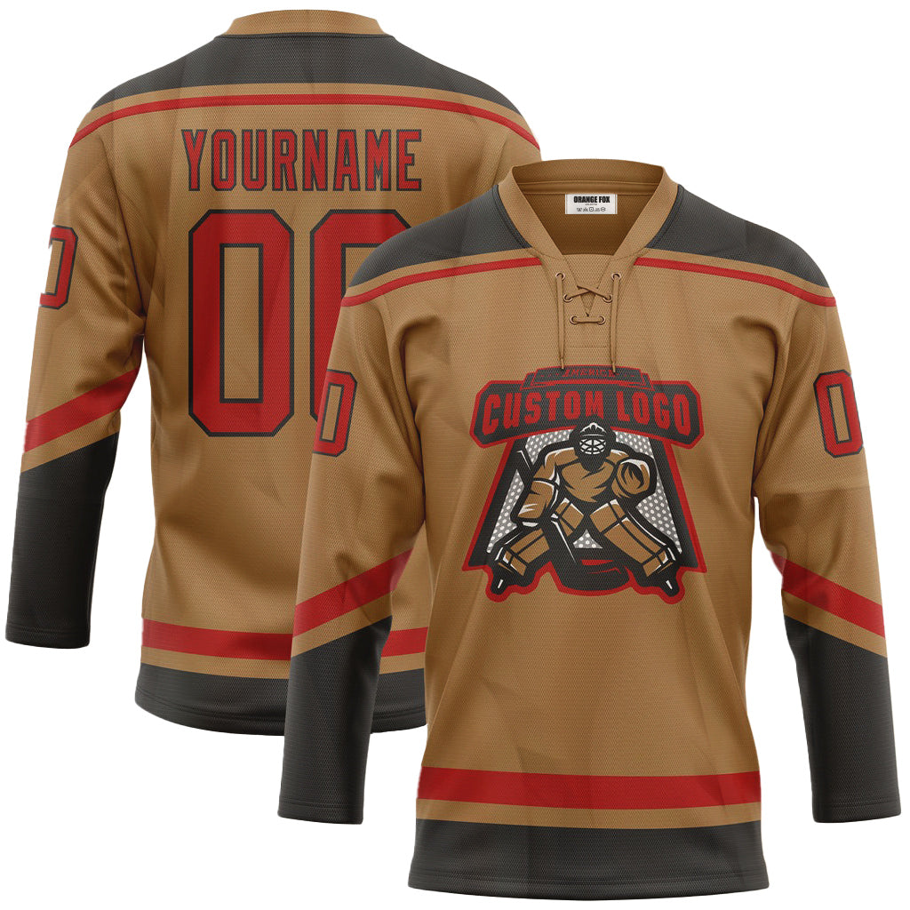 Custom Old Gold Red-Black Neck Hockey Jersey For Men & Women