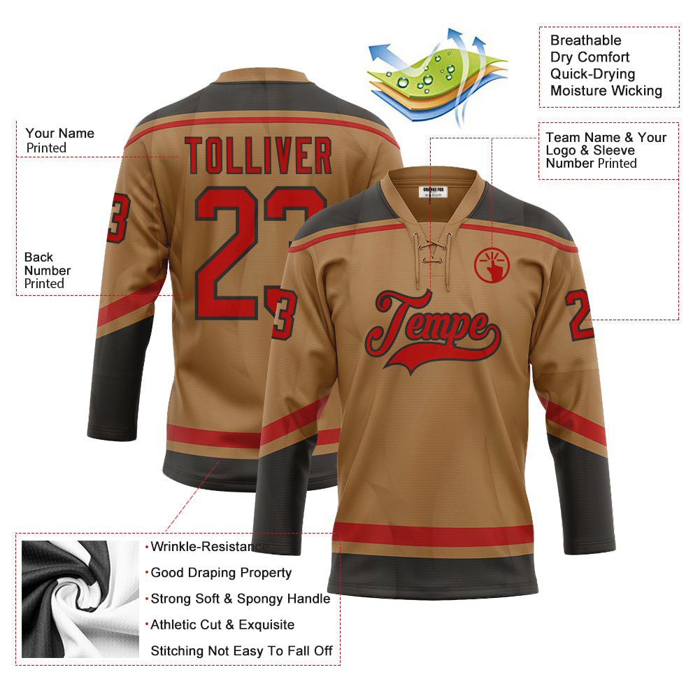 Custom Old Gold Red-Black Neck Hockey Jersey For Men & Women