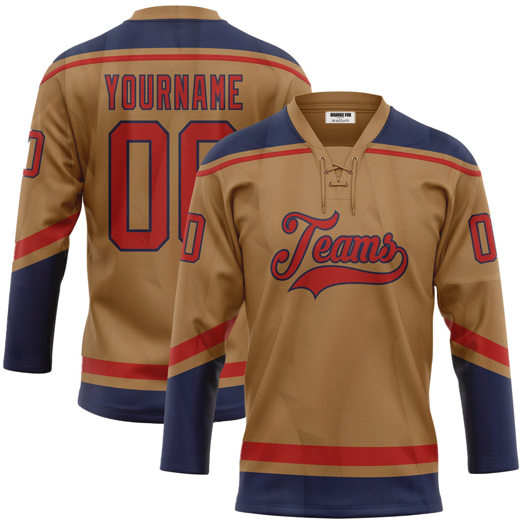 Custom Old Gold Red-Navy Neck Hockey Jersey For Men & Women