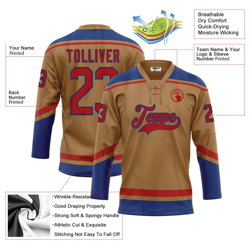 Custom Old Gold Red-Royal Neck Hockey Jersey For Men & Women