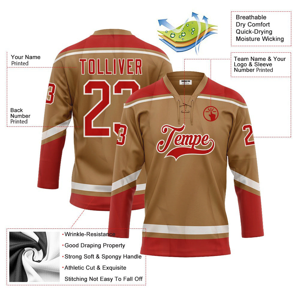 Custom Old Gold Red-White Neck Hockey Jersey For Men & Women