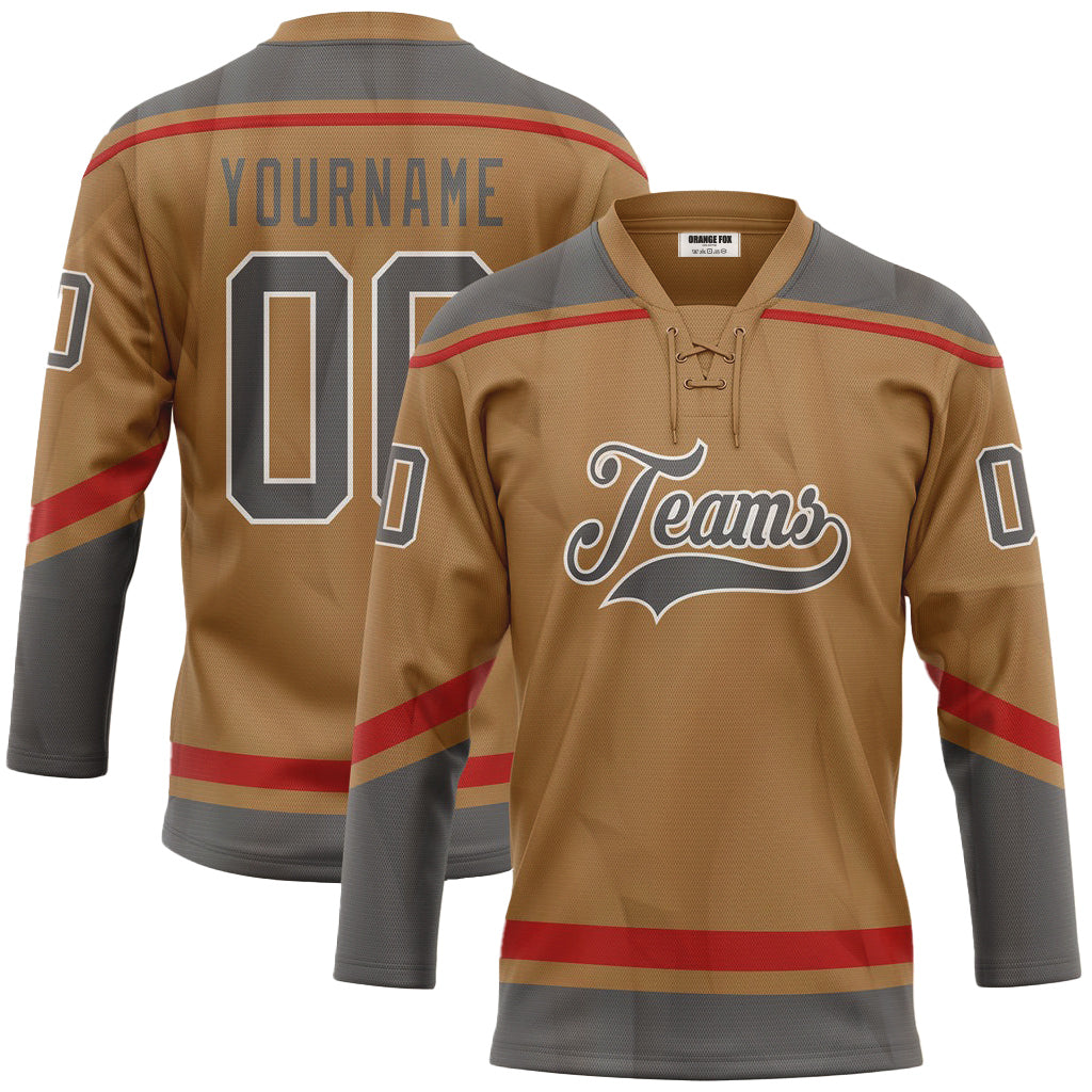 Custom Old Gold Steel Gray-White Neck Hockey Jersey For Men & Women