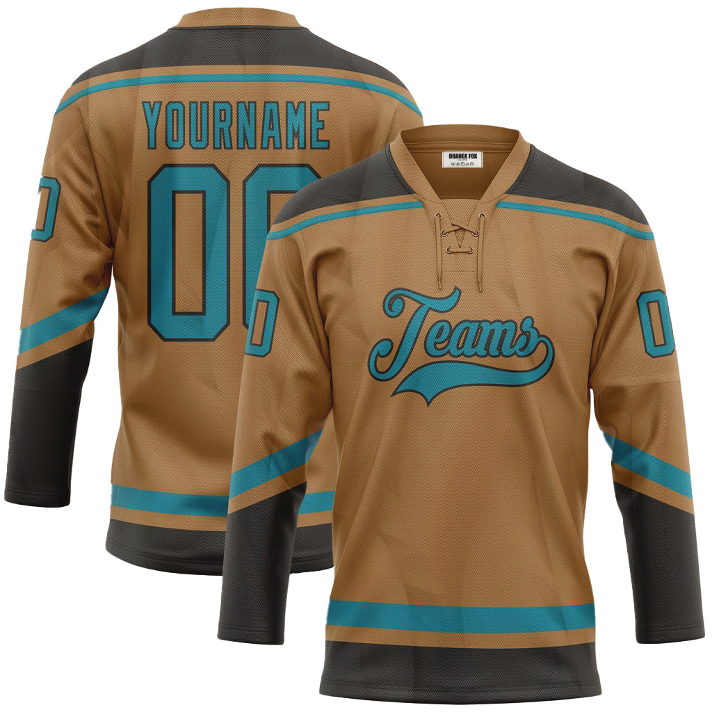 Custom Old Gold Teal-Black Neck Hockey Jersey For Men & Women