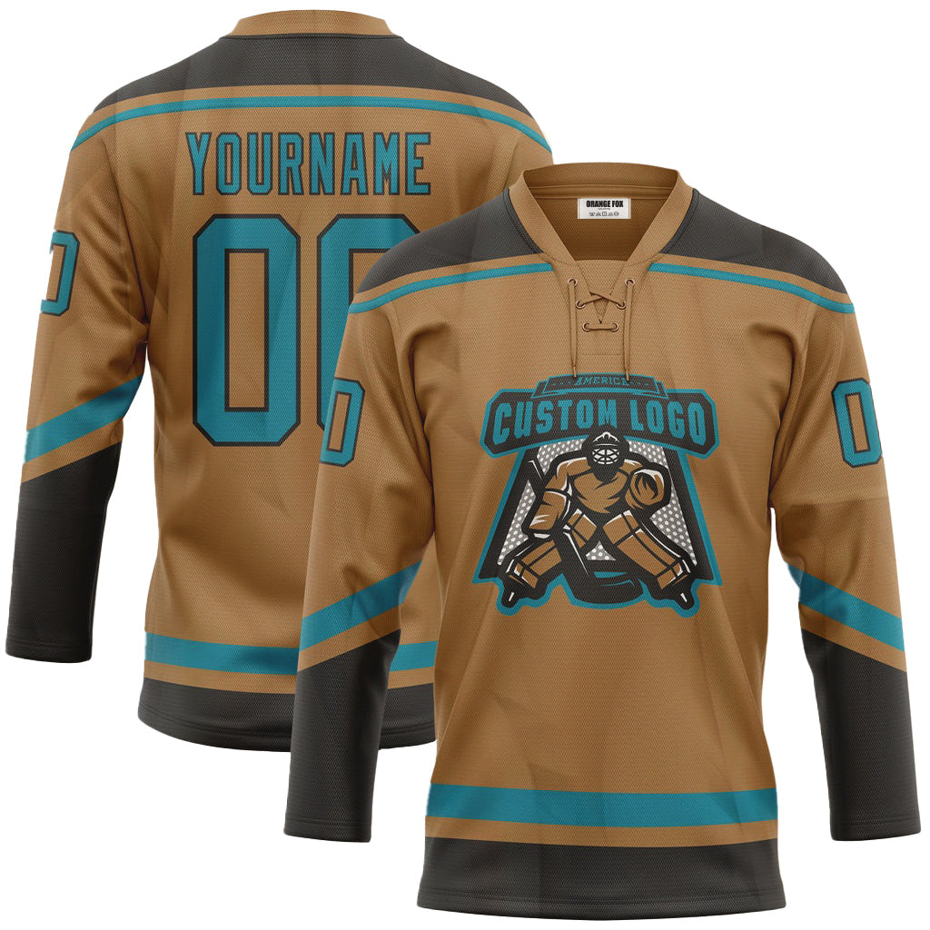 Custom Old Gold Teal-Black Neck Hockey Jersey For Men & Women