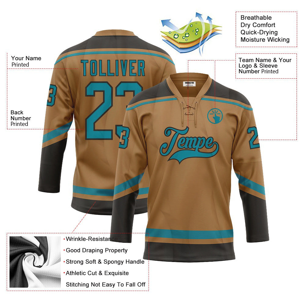 Custom Old Gold Teal-Black Neck Hockey Jersey For Men & Women