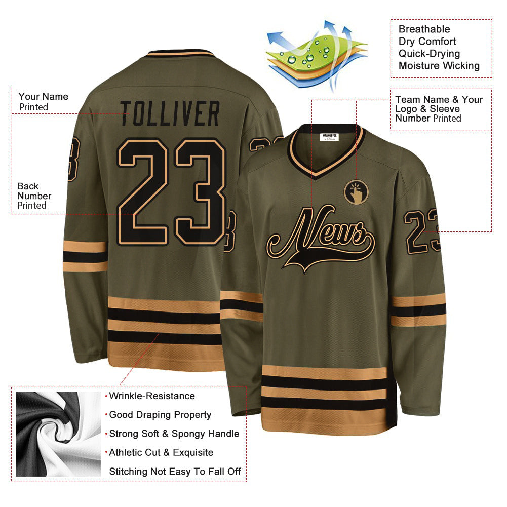 Custom Olive Black-Gold Salute To Service V Neck Hockey Jersey For Men & Women