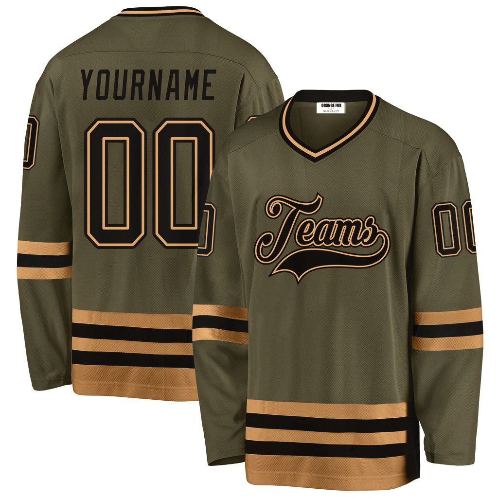 Custom Olive Black-Gold Salute To Service V Neck Hockey Jersey For Men & Women