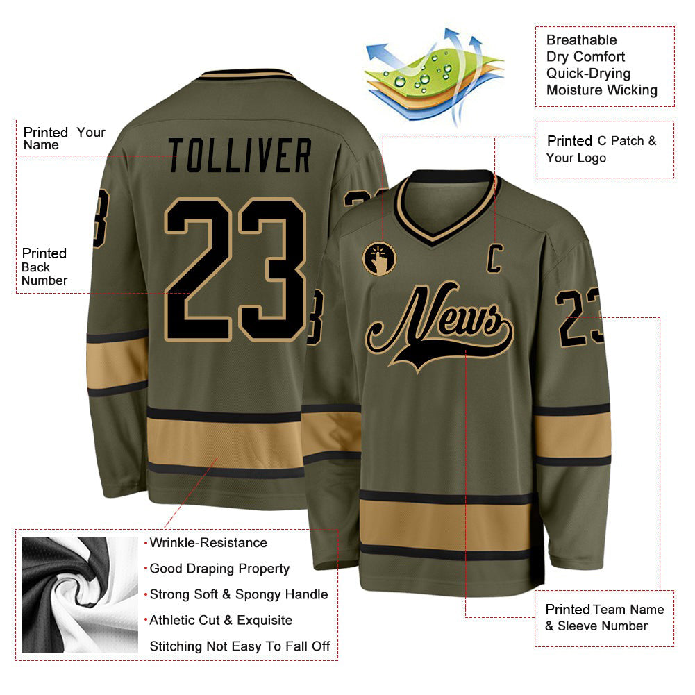 Custom Olive Black-Old Gold Salute To Service V Neck Hockey Jersey For Men & Women