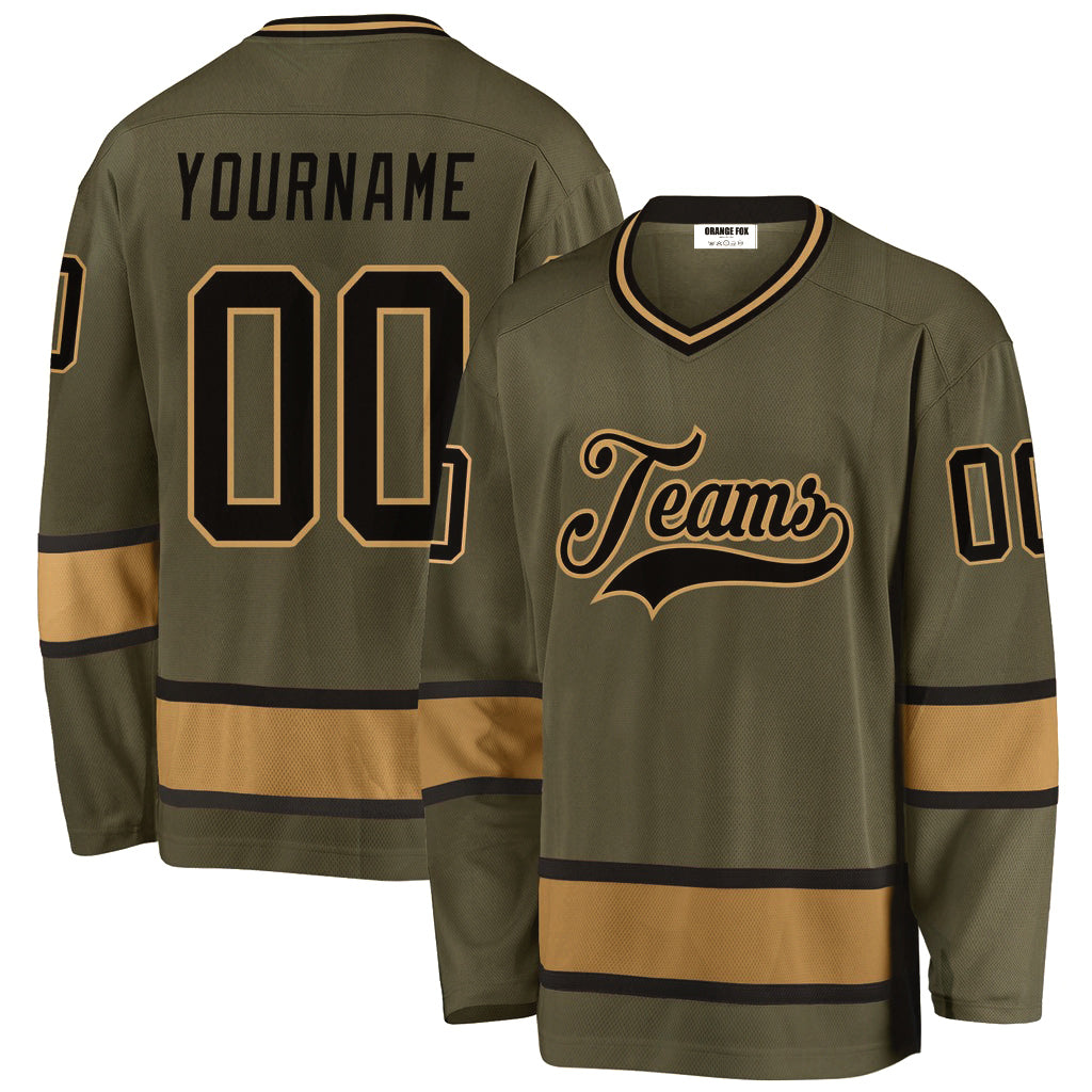 Custom Olive Black-Old Gold Salute To Service V Neck Hockey Jersey For Men & Women