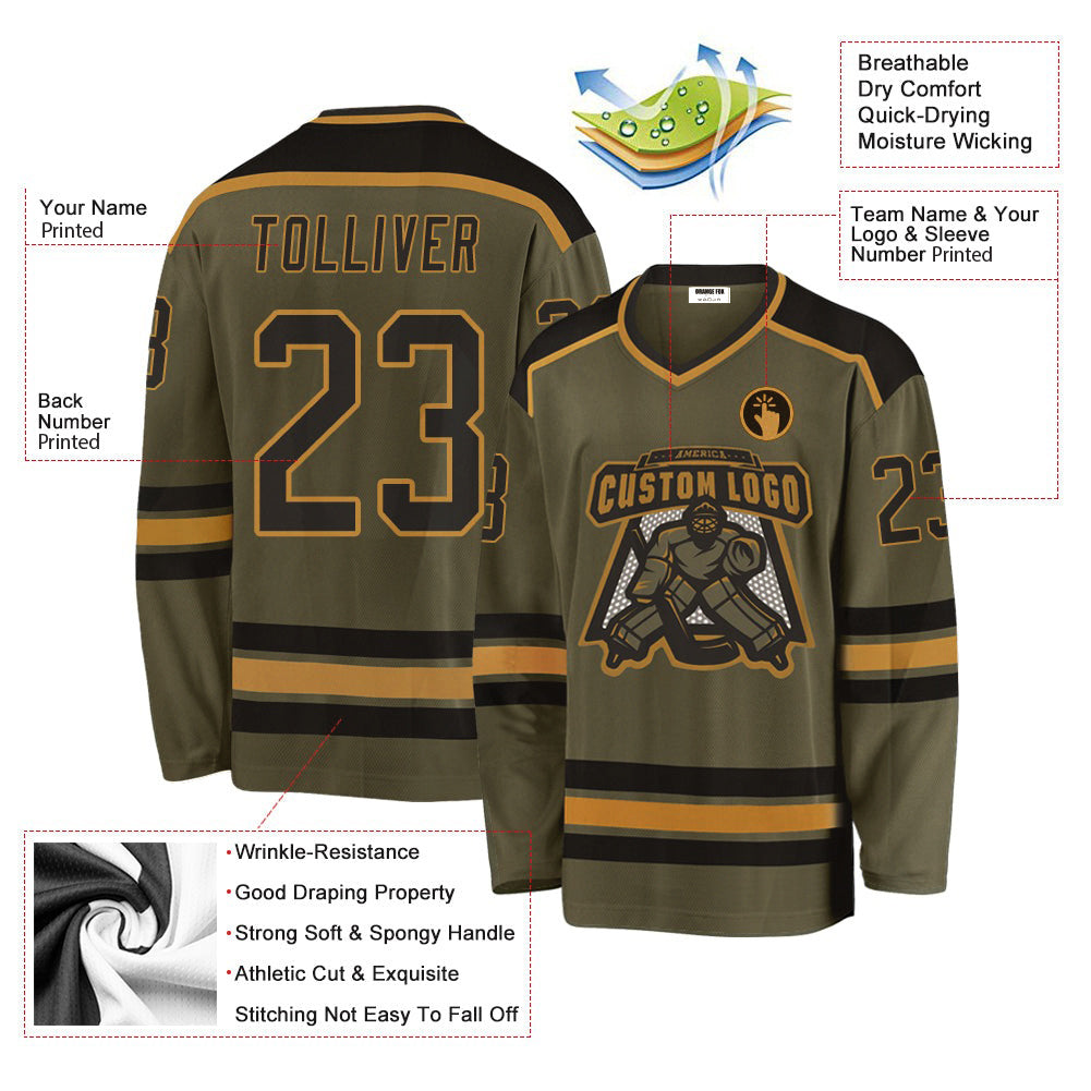 Custom Olive Black-Old Gold Salute To Service V Neck Hockey Jersey For Men & Women