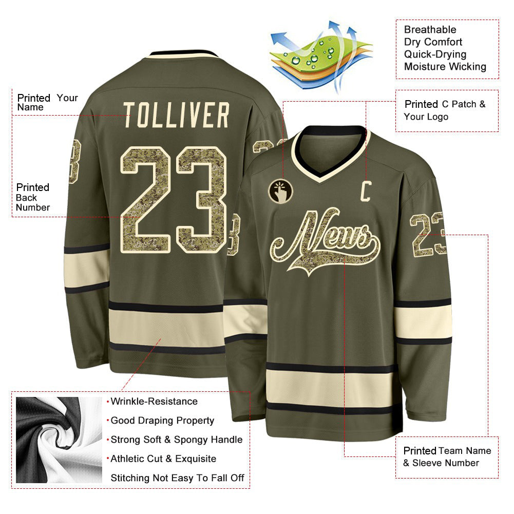 Custom Olive Camo-Cream Salute To Service V Neck Hockey Jersey For Men & Women