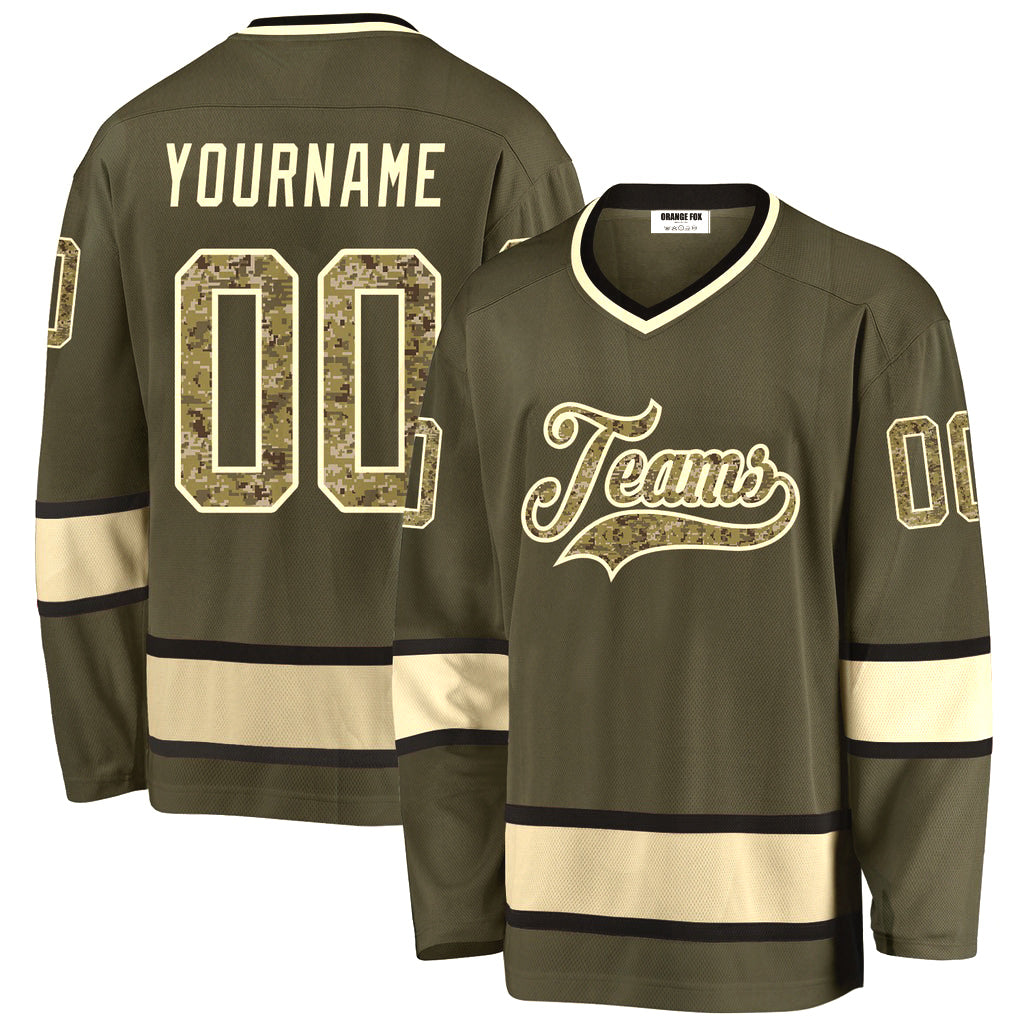 Custom Olive Camo-Cream Salute To Service V Neck Hockey Jersey For Men & Women