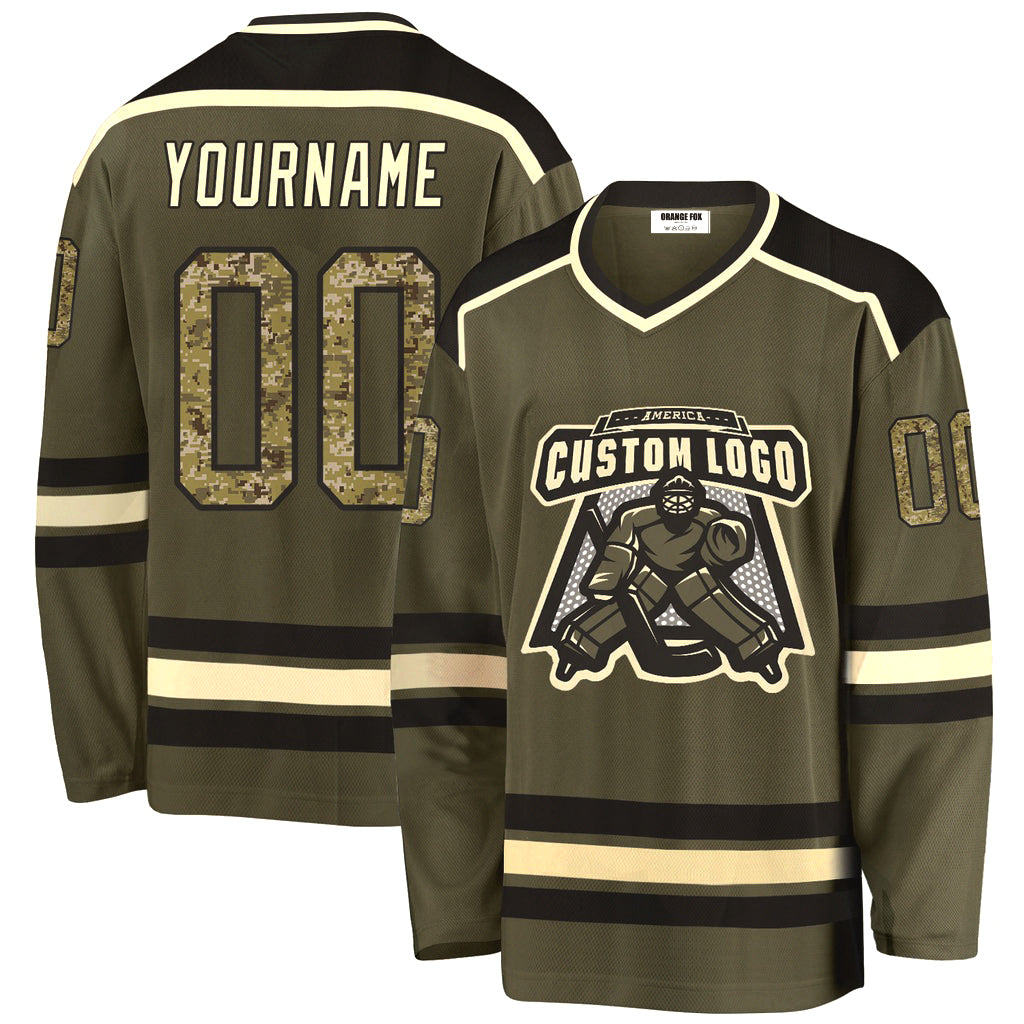 Custom Olive Camo Black-Cream Salute To Service V Neck Hockey Jersey For Men & Women