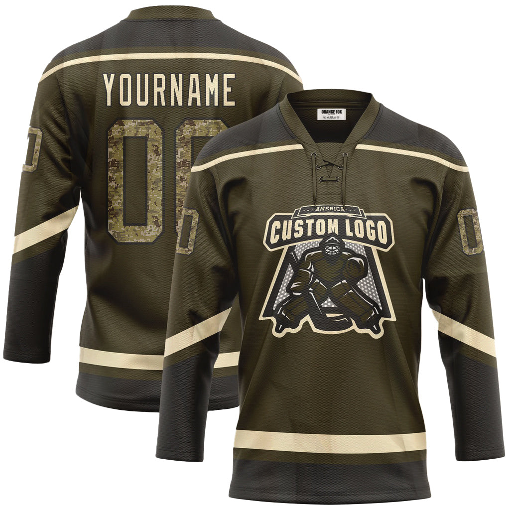 Custom Olive Camo Black-Cream Neck Hockey Jersey For Men & Women