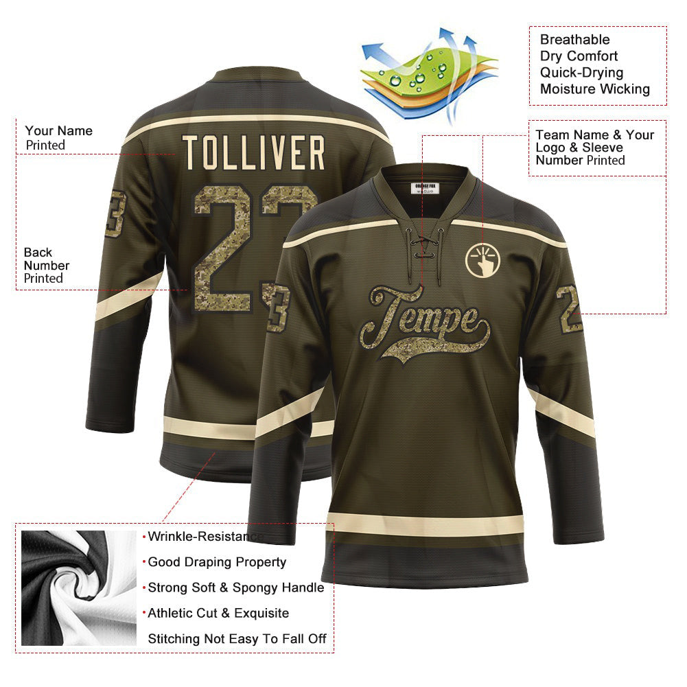 Custom Olive Camo Black-Cream Neck Hockey Jersey For Men & Women