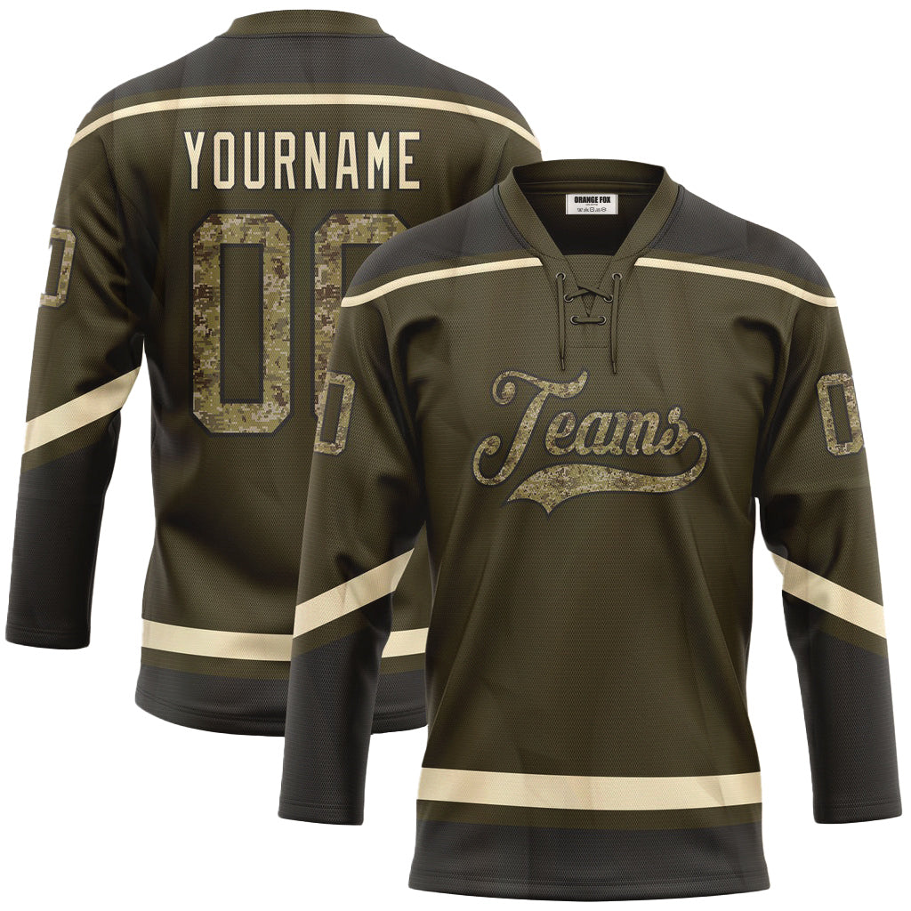 Custom Olive Camo Black-Cream Neck Hockey Jersey For Men & Women