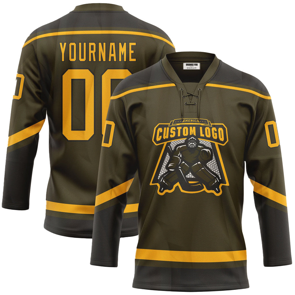 Custom Olive Gold-Black Salute To Service Neck Hockey Jersey For Men & Women