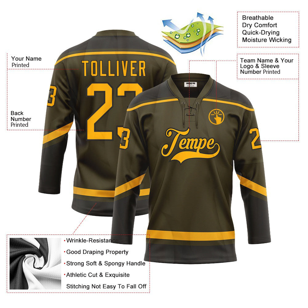 Custom Olive Gold-Black Salute To Service Neck Hockey Jersey For Men & Women