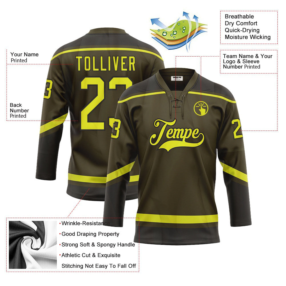 Custom Olive Neon Yellow-Black Salute To Service Neck Hockey Jersey For Men & Women