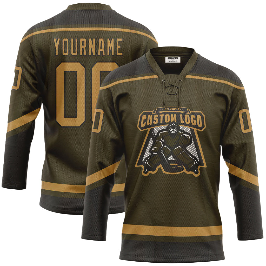 Custom Olive Old Gold-Black Salute To Service Neck Hockey Jersey For Men & Women