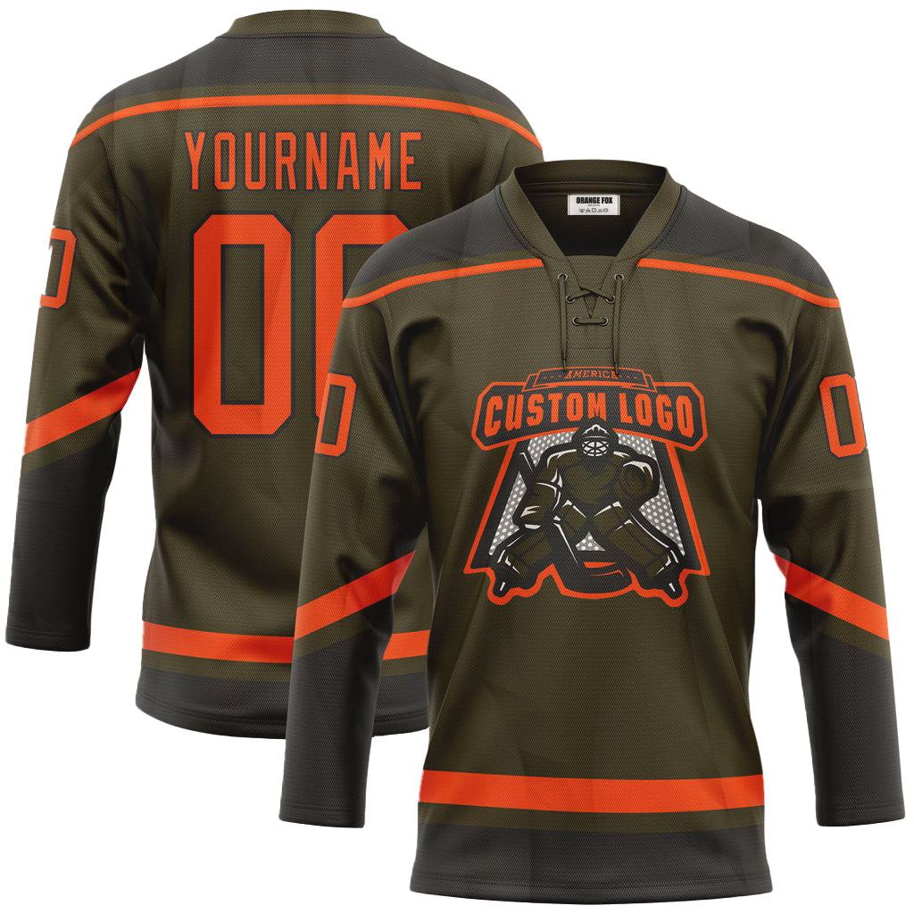 Custom Olive Orange-Black Salute To Service Neck Hockey Jersey For Men & Women