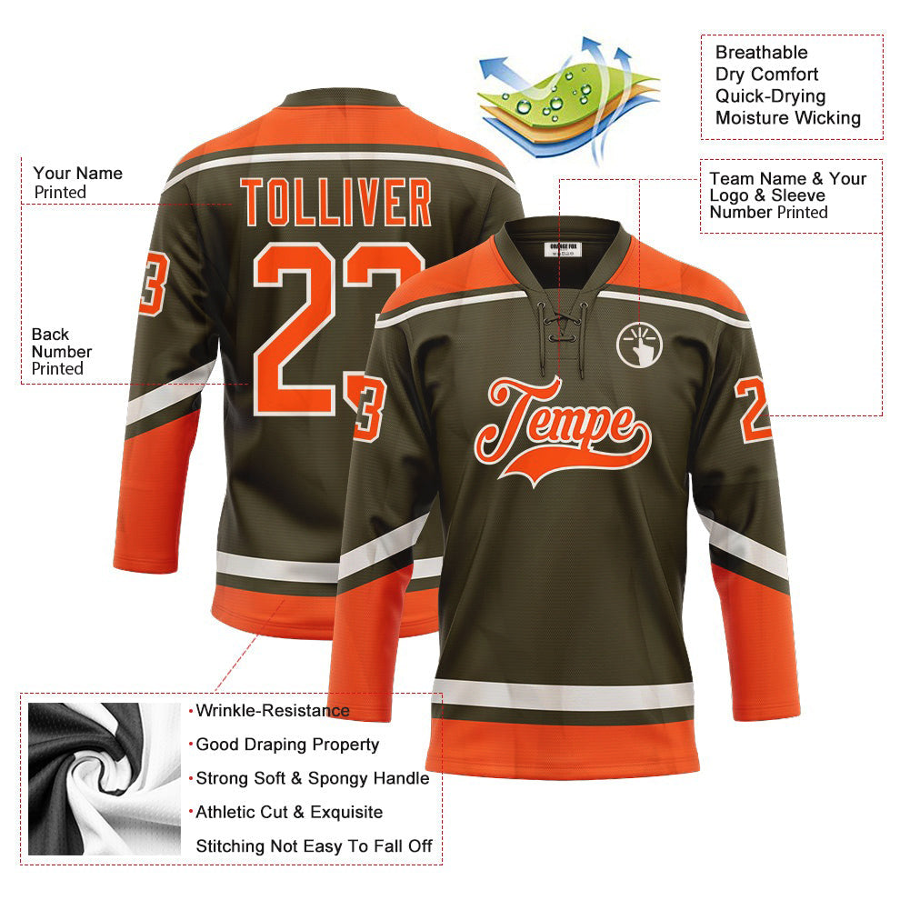 Custom Olive Orange-White Salute To Service Neck Hockey Jersey For Men & Women