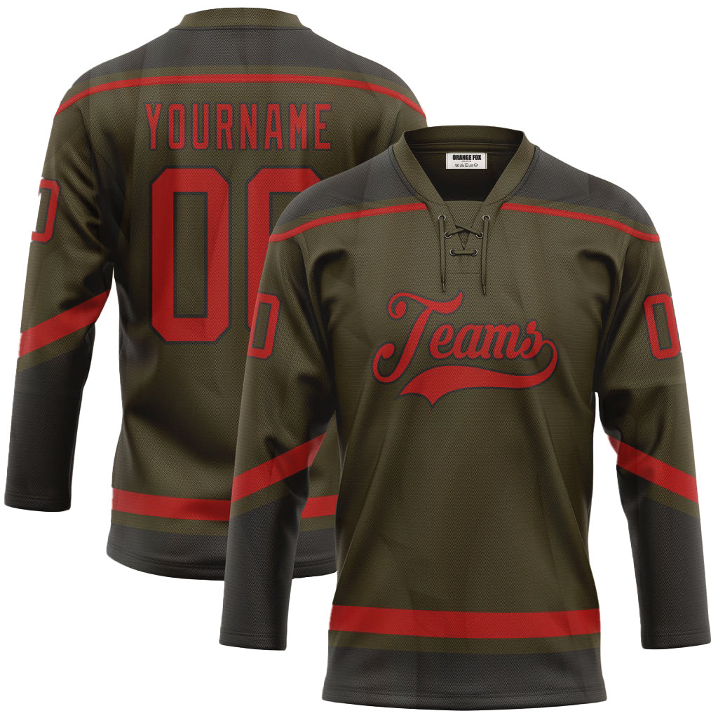 Custom Olive Red-Black Salute To Service Neck Hockey Jersey For Men & Women