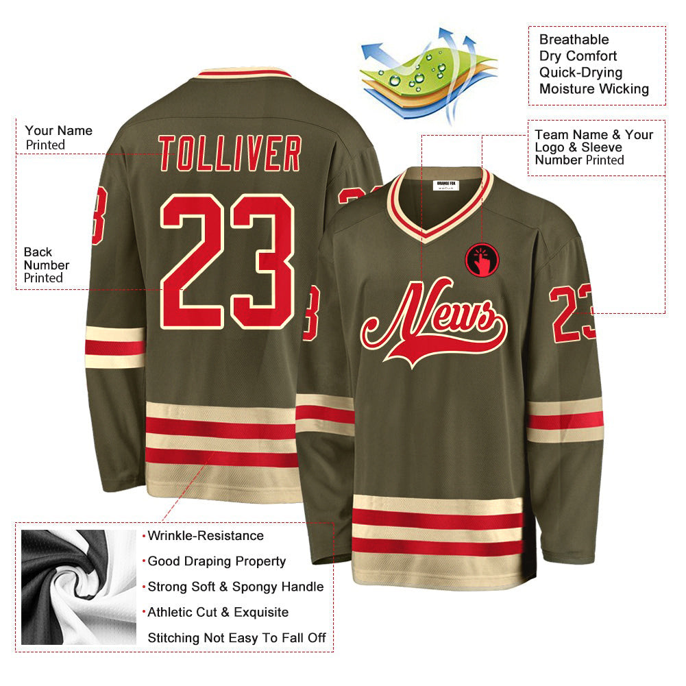 Custom Olive Red-Cream Salute To Service V Neck Hockey Jersey For Men & Women