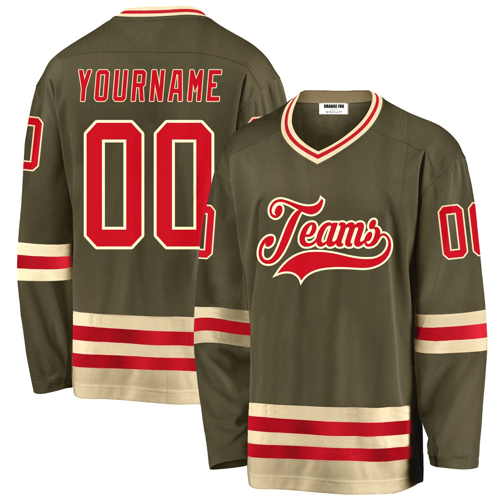 Custom Olive Red-Cream Salute To Service V Neck Hockey Jersey For Men & Women