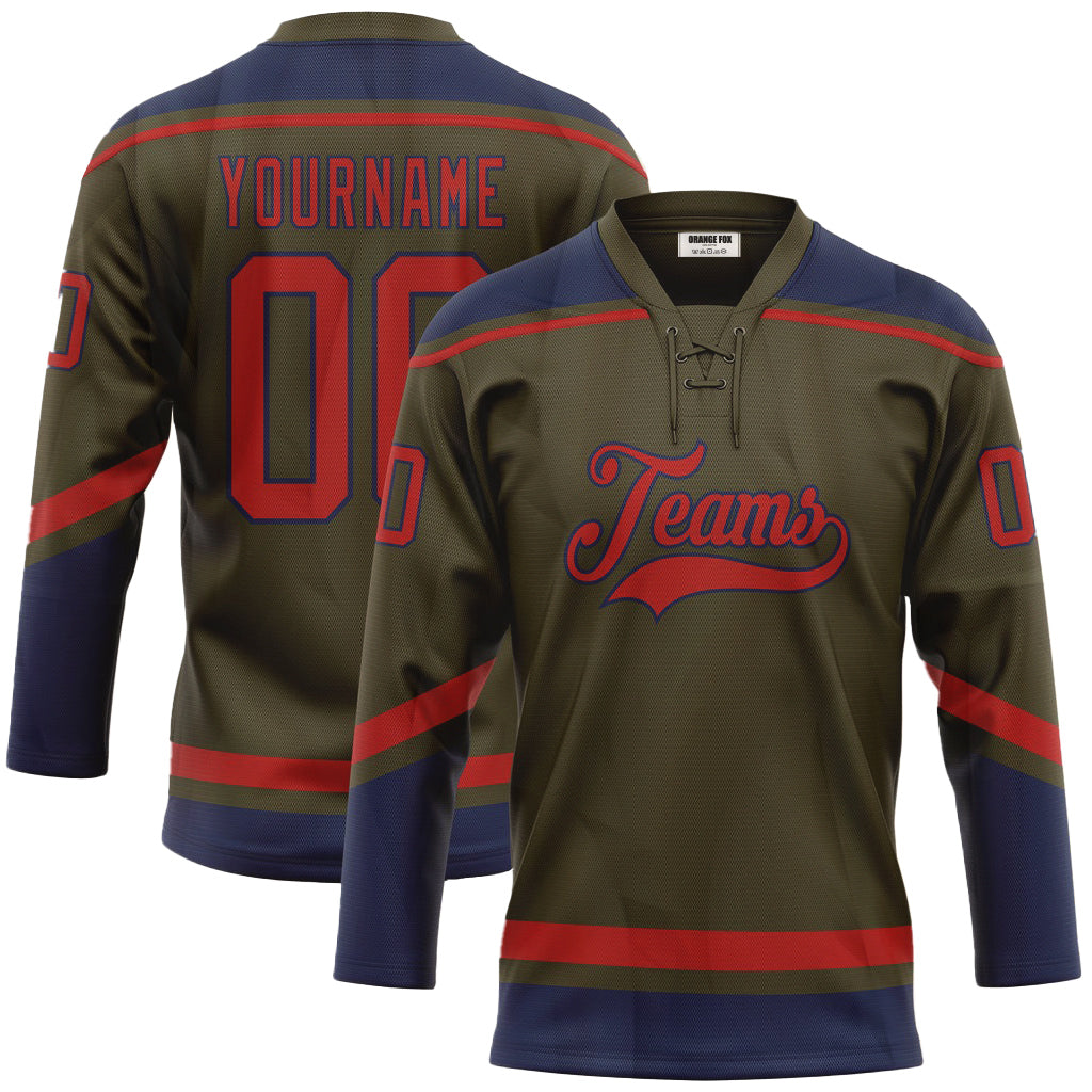 Custom Olive Red-Navy Salute To Service Neck Hockey Jersey For Men & Women