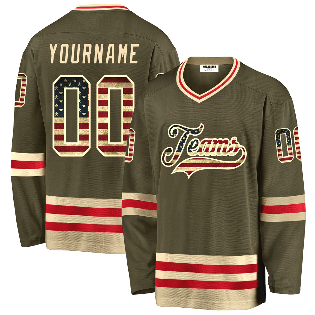 Custom Olive Vintage USA Flag-Cream Salute To Service V Neck Hockey Jersey For Men & Women