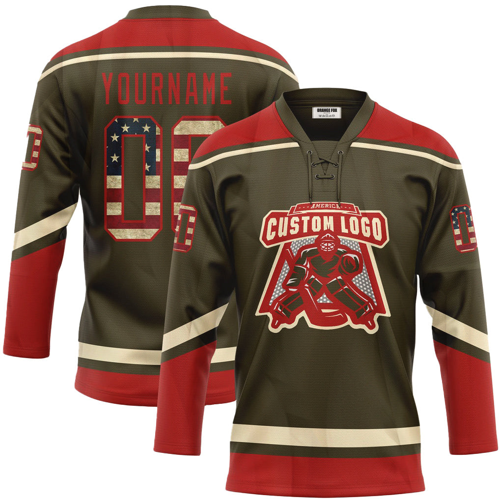 Custom Olive Vintage USA Flag Red-Cream Salute To Service Neck Hockey Jersey For Men & Women