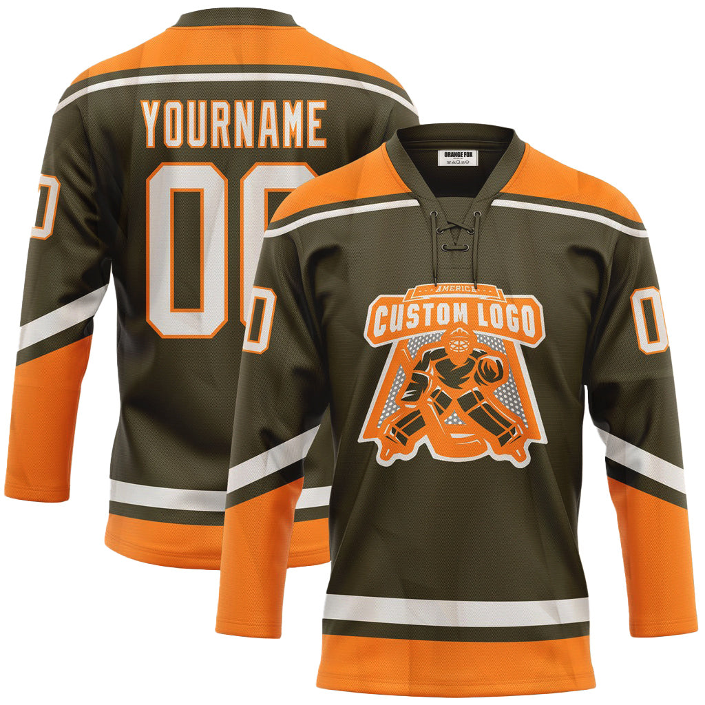 Custom Olive White-Bay Orange Salute To Service Neck Hockey Jersey For Men & Women