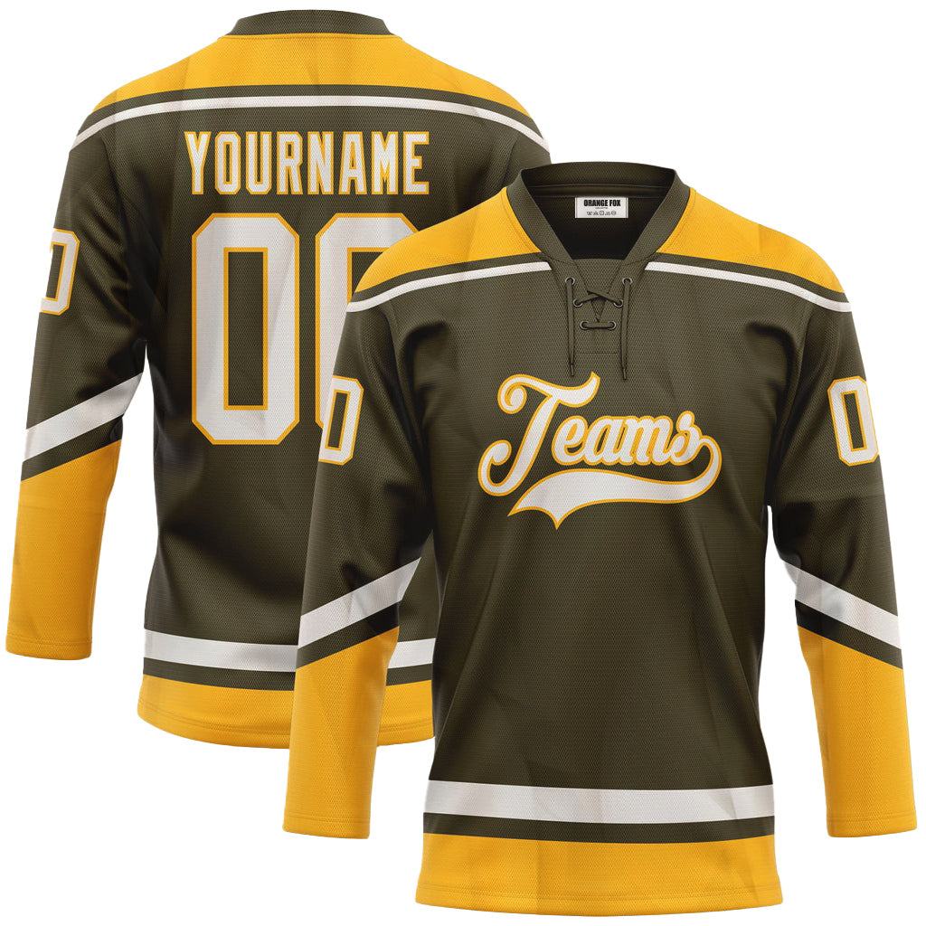 Custom Olive White-Gold Salute To Service Neck Hockey Jersey For Men & Women